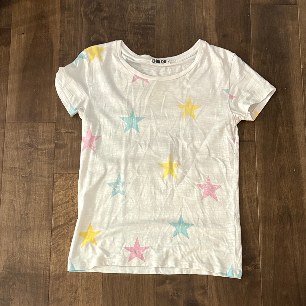 CHRLDR White Tee with Pink, Blue, and Yellow Stars